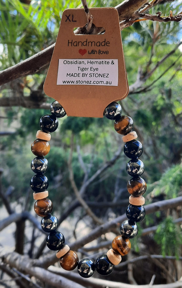 Obsidian, Hematite & Tiger Eye Bracelet (23cm XL)